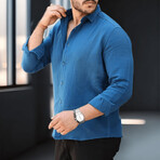 Solid Textured Long-Sleeve Button-Up Shirt // Indigo (L)