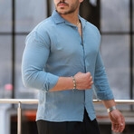 Oversized Textured Long-Sleeve Button-Up Shirt // Cold Blue (S)