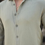 Solid Textured Long-Sleeve Button-Up Shirt // Light Khaki (L)