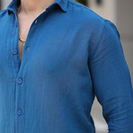 Solid Textured Long-Sleeve Button-Up Shirt // Indigo (L)