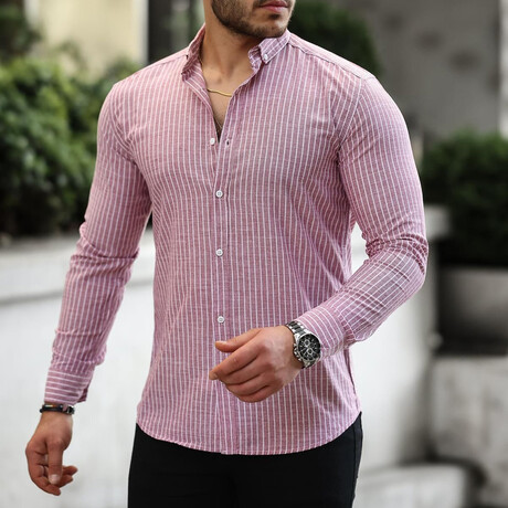 Striped Long-Sleeve Button-Up Shirt // Burgundy (S)