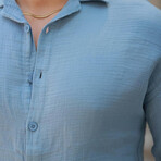 Oversized Textured Long-Sleeve Button-Up Shirt // Cold Blue (S)