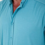 Solid Long-Sleeve Button-Up Shirt // Cyan (S)