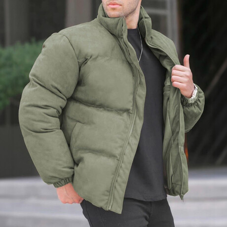 Faux Suede Puffer Jacket // Khaki (S)