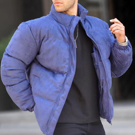 Faux Suede Puffer Jacket // Navy (S)