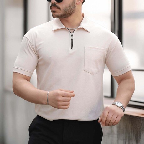 Solid w/ Pocket Zip Polo Shirt // Beige (S)
