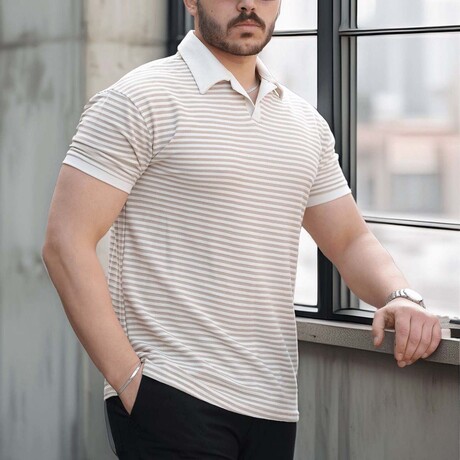 Horizontal Striped Polo Shirt // Beige (S)