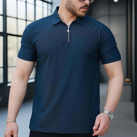 Ribbed Zip Polo Shirt // Navy (S)