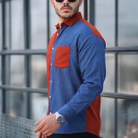 Block Chest Pocket Button-Up Shirt // Red + Blue (S)