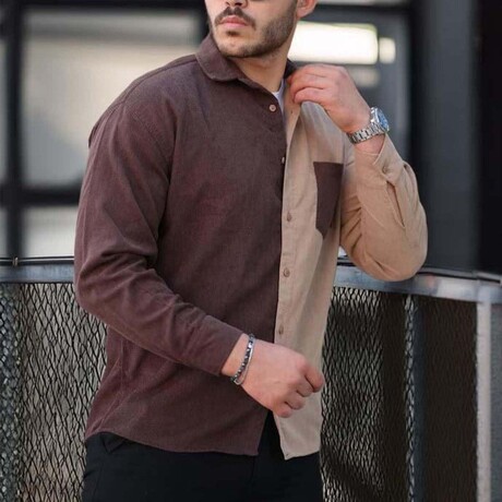 Block Chest Pocket Button-Up Shirt // Brown + Beige (S)