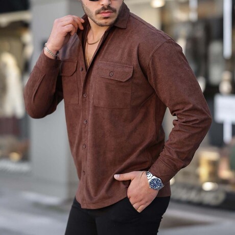 Corduroy Type Chest Pockets Button-Up Shirt // Brown (S)