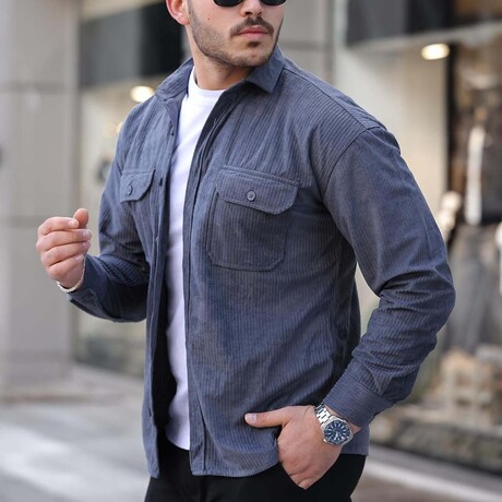 Elephant Corduroy Type Chest Pockets Button-Up Shirt // Smoked (S)