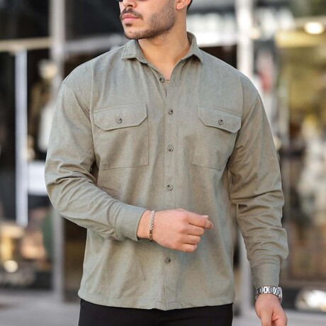 Corduroy Type Chest Pockets Button-Up Shirt // Light Khaki (S)