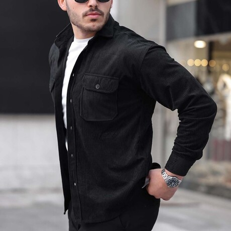 Elephant Corduroy Type Chest Pockets Button-Up Shirt // Black (S)