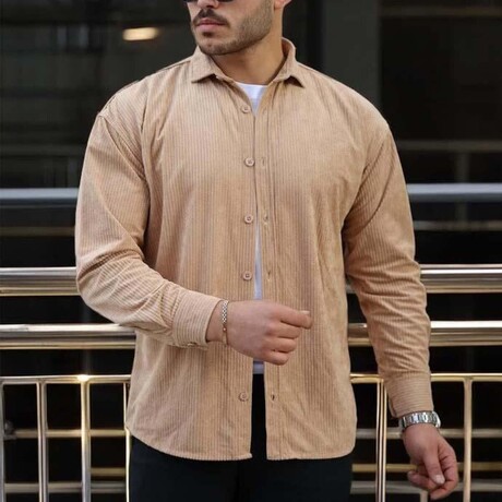 Corduroy Type Button-Up Shirt // Beige (S)