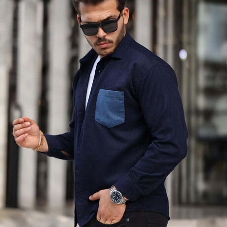 Corduroy Type Chest Pocket Button-Up Shirt // Navy (S)