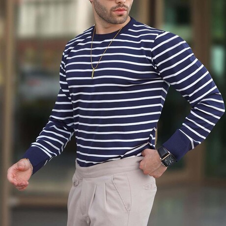 Striped Crewneck Sweater // Navy (S)