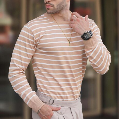 Striped Crewneck Sweater // Camel (S)