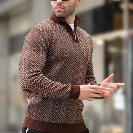 Quarter Zip Knit Pattern Sweater // Brown (S)