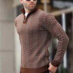 Quarter Zip Knit Pattern Sweater // Brown (L)