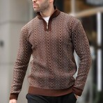 Quarter Zip Knit Pattern Sweater // Brown (L)