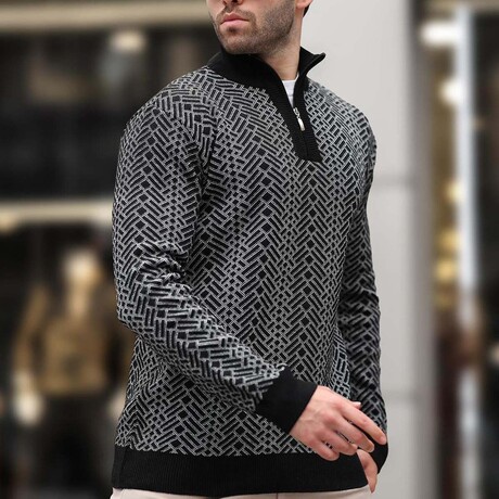 Quarter Zip Knit Pattern Sweater // Black (S)