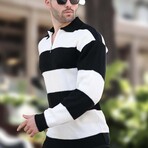 Quarter-Zip Striped Polo Sweater // Black + White (XL)