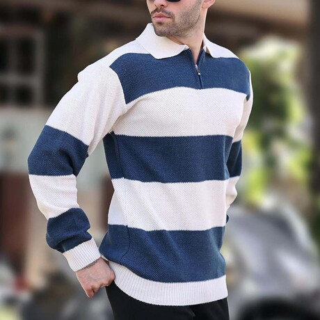 Quarter-Zip Striped Polo Sweater // Beige + Navy (S)