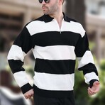 Quarter-Zip Striped Polo Sweater // Black + White (XL)
