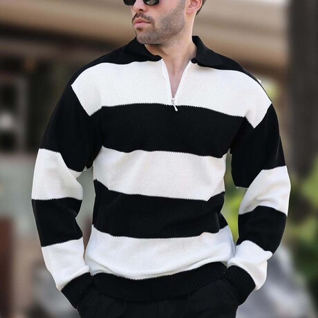 Quarter-Zip Striped Polo Sweater // Black + White (S)