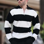 Quarter-Zip Striped Polo Sweater // Black + White (XL)