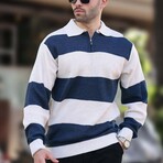 Quarter-Zip Striped Polo Sweater // Beige + Navy (XL)