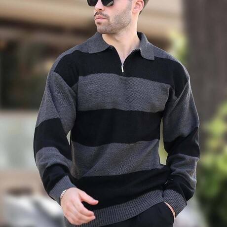 Quarter-Zip Striped Polo Sweater // Anthracite + Black (S)