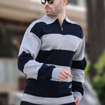 Quarter-Zip Striped Polo Sweater // Gray + Black (2XL)