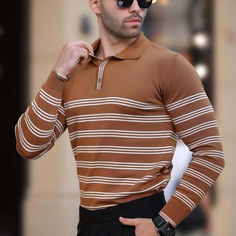 Striped Polo Sweater // Brown (S)