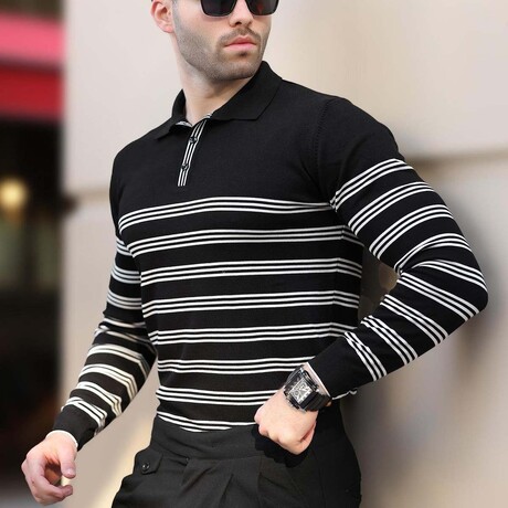 Striped Polo Sweater // Black (S)