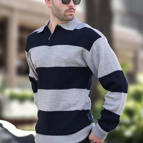 Quarter-Zip Striped Polo Sweater // Gray + Black (S)