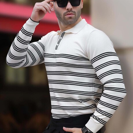 Striped Polo Sweater // White (S)