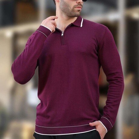 Quarter-Zip Tipped Polo Sweater // Burgundy + White (S)