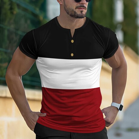 Color-Block Henly T-Shirt // Black + White + Red (XS)