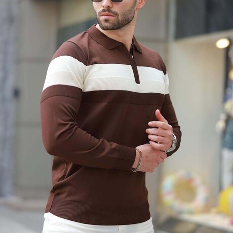Chest Striped Quarter-Zip Polo Sweater // Brown (S)