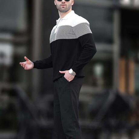 Striped Block Quarter-Zip Polo Sweater // Black (S)