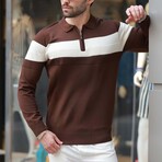 Chest Striped Quarter-Zip Polo Sweater // Brown (M)