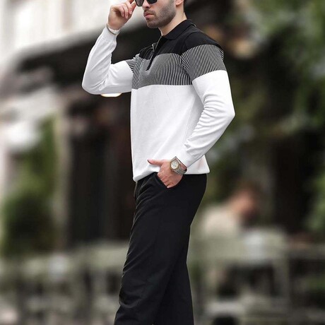 Striped Block Quarter-Zip Polo Sweater // White (S)
