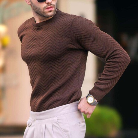 Crewneck Pattern Knit Sweater // Brown (S)