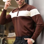 Chest Striped Quarter-Zip Polo Sweater // Brown (M)