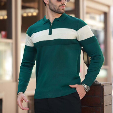 Chest Striped Quarter-Zip Polo Sweater // Green (S)