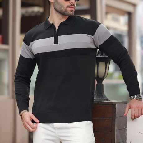 Chest Striped Quarter-Zip Polo Sweater // Black (S)