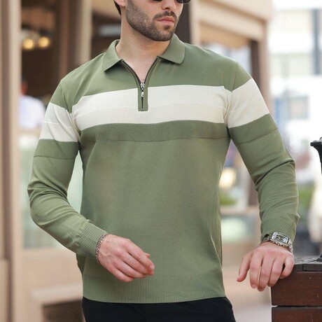Chest Striped Quarter-Zip Polo Sweater // Khaki (S)