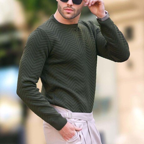 Crewneck Pattern Knit Sweater // Khaki (S)